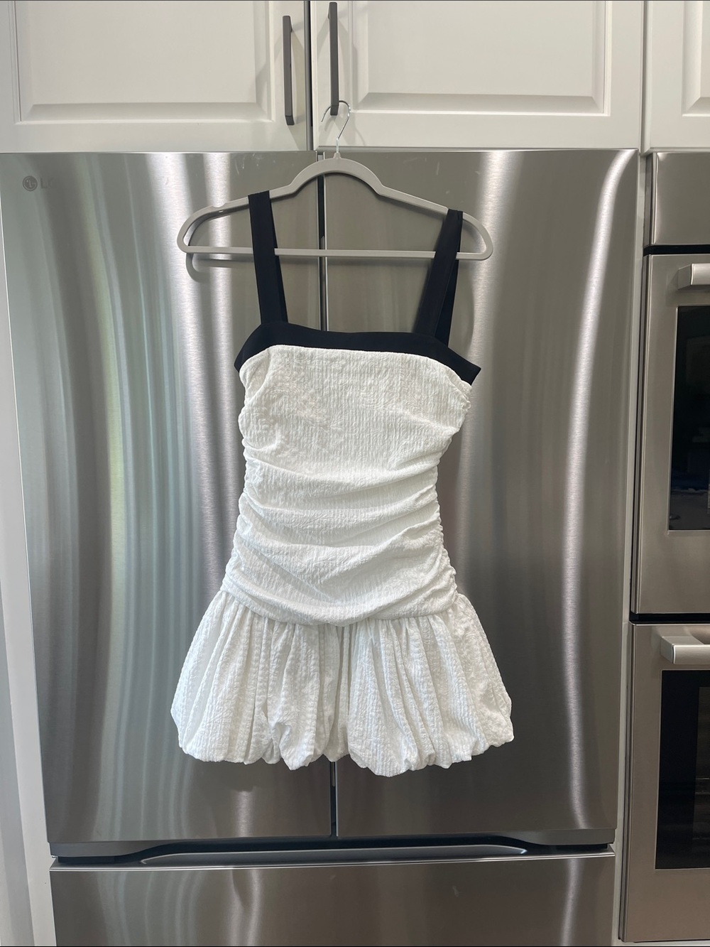 Zara White Textured Dress with Black Straps